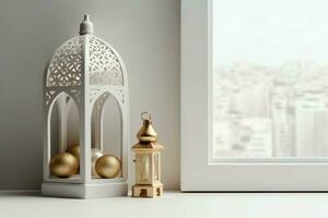 Eid mubarak and ramadan kareem greetings with islamic lantern and mosque. Eid al fitr background. Eid al fitr background of window concept by AI Generated photo