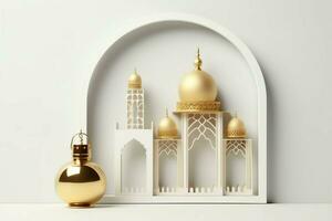 Eid mubarak and ramadan kareem greetings with islamic lantern and mosque. Eid al fitr background. Eid al fitr background of window concept by AI Generated photo