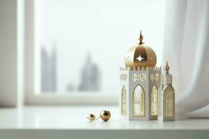 Eid mubarak and ramadan kareem greetings with islamic lantern and mosque. Eid al fitr background. Eid al fitr background of window concept by AI Generated photo