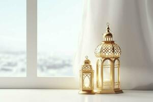 Eid mubarak and ramadan kareem greetings with islamic lantern and mosque. Eid al fitr background. Eid al fitr background of window concept by AI Generated photo