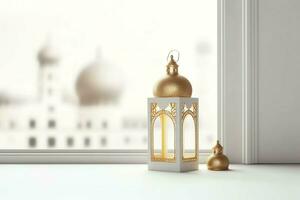 Eid mubarak and ramadan kareem greetings with islamic lantern and mosque. Eid al fitr background. Eid al fitr background of window concept by AI Generated photo