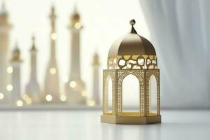 Eid mubarak and ramadan kareem greetings with islamic lantern and mosque. Eid al fitr background. Eid al fitr background of window concept by AI Generated photo