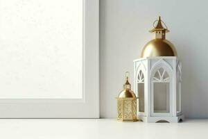 Eid mubarak and ramadan kareem greetings with islamic lantern and mosque. Eid al fitr background. Eid al fitr background of window concept by AI Generated photo