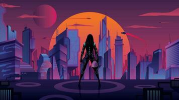 superheroína en futurista ciudad vector