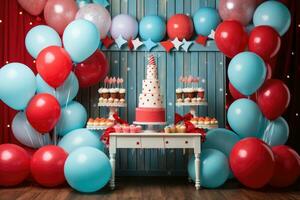 AI generated Birthday decoration with color balloons an gift boxes in an room concept, AI generated photo