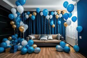 AI generated Birthday decoration with color balloons an gift boxes in an room concept, AI generated photo