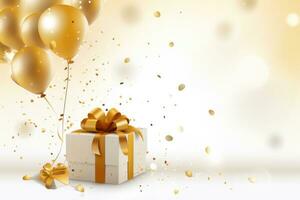 ai generado dorado globos un regalo cajas para cumpleaños decoración, ai generado foto