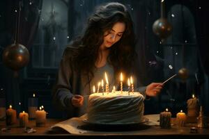 AI generated Birthday cake with candles and lights decoration on blurred background, AI generated photo