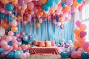 ai generado cumpleaños decoración con color globos un regalo cajas en un habitación concepto, ai generado foto