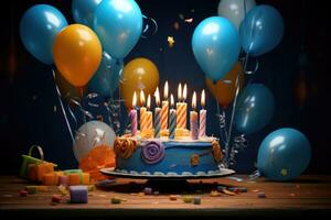 AI generated Birthday cake decoration with candle and color balloons, AI generated photo