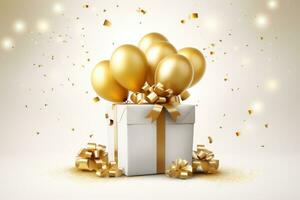 AI generated Golden balloons an gift boxes for Birthday decoration, AI generated photo