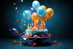 ai generado cumpleaños pastel decoración con vela y color globos, ai generado foto