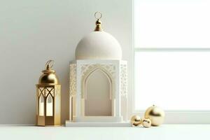 Eid mubarak and ramadan kareem greetings with islamic lantern and mosque. Eid al fitr background. Eid al fitr background of window concept by AI Generated photo