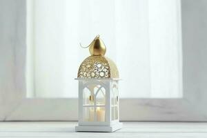 Eid mubarak and ramadan kareem greetings with islamic lantern and mosque. Eid al fitr background. Eid al fitr background of window concept by AI Generated photo