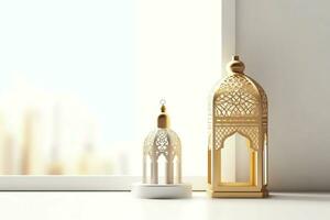 Eid mubarak and ramadan kareem greetings with islamic lantern and mosque. Eid al fitr background. Eid al fitr background of window concept by AI Generated photo
