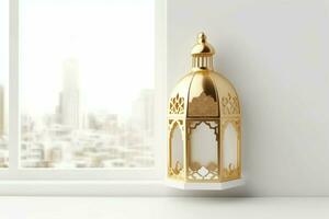 Eid mubarak and ramadan kareem greetings with islamic lantern and mosque. Eid al fitr background. Eid al fitr background of window concept by AI Generated photo