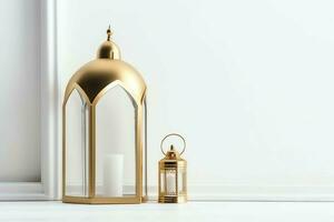 Eid mubarak and ramadan kareem greetings with islamic lantern and mosque. Eid al fitr background. Eid al fitr background of window concept by AI Generated photo