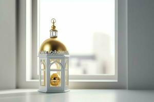 Eid mubarak and ramadan kareem greetings with islamic lantern and mosque. Eid al fitr background. Eid al fitr background of window concept by AI Generated photo