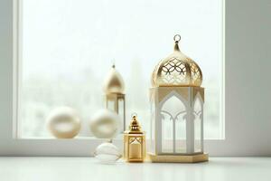 Eid mubarak and ramadan kareem greetings with islamic lantern and mosque. Eid al fitr background. Eid al fitr background of window concept by AI Generated photo