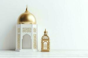 Eid mubarak and ramadan kareem greetings with islamic lantern and mosque. Eid al fitr background. Eid al fitr background of window concept by AI Generated photo