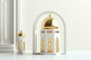 Eid mubarak and ramadan kareem greetings with islamic lantern and mosque. Eid al fitr background. Eid al fitr background of window concept by AI Generated photo