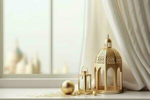 Eid mubarak and ramadan kareem greetings with islamic lantern and mosque. Eid al fitr background. Eid al fitr background of window concept by AI Generated photo