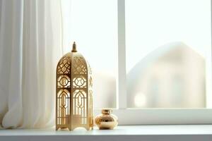 Eid mubarak and ramadan kareem greetings with islamic lantern and mosque. Eid al fitr background. Eid al fitr background of window concept by AI Generated photo