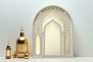 Eid mubarak and ramadan kareem greetings with islamic lantern and mosque. Eid al fitr background. Eid al fitr background of window concept by AI Generated photo