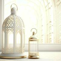 Eid mubarak and ramadan kareem greetings with islamic lantern and mosque. Eid al fitr background. Eid al fitr background of window concept by AI Generated photo
