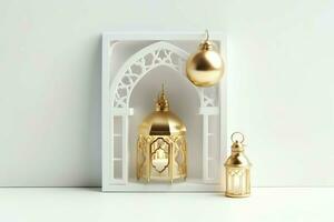 Eid mubarak and ramadan kareem greetings with islamic lantern and mosque. Eid al fitr background. Eid al fitr background of window concept by AI Generated photo