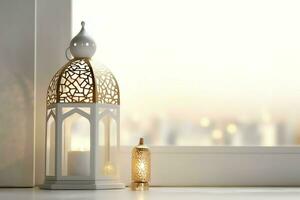 Eid mubarak and ramadan kareem greetings with islamic lantern and mosque. Eid al fitr background. Eid al fitr background of window concept by AI Generated photo