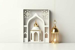 Eid mubarak and ramadan kareem greetings with islamic lantern and mosque. Eid al fitr background. Eid al fitr background of window concept by AI Generated photo