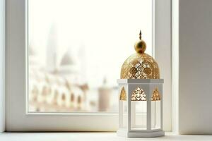 Eid mubarak and ramadan kareem greetings with islamic lantern and mosque. Eid al fitr background. Eid al fitr background of window concept by AI Generated photo