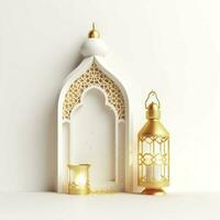 Eid mubarak and ramadan kareem greetings with islamic lantern and mosque. Eid al fitr background. Eid al fitr background of window concept by AI Generated photo