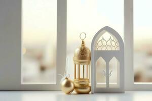 Eid mubarak and ramadan kareem greetings with islamic lantern and mosque. Eid al fitr background. Eid al fitr background of window concept by AI Generated photo