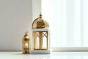 Eid mubarak and ramadan kareem greetings with islamic lantern and mosque. Eid al fitr background. Eid al fitr background of window concept by AI Generated photo