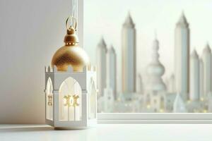 Eid mubarak and ramadan kareem greetings with islamic lantern and mosque. Eid al fitr background. Eid al fitr background of window concept by AI Generated photo