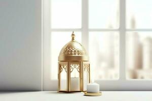 Eid mubarak and ramadan kareem greetings with islamic lantern and mosque. Eid al fitr background. Eid al fitr background of window concept by AI Generated photo