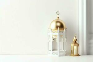 Eid mubarak and ramadan kareem greetings with islamic lantern and mosque. Eid al fitr background. Eid al fitr background of window concept by AI Generated photo