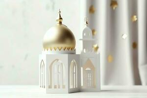 Eid mubarak and ramadan kareem greetings with islamic lantern and mosque. Eid al fitr background. Eid al fitr background of window concept by AI Generated photo