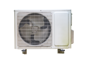 Air conditioner compressor outdoor unit isolated with clipping path in png file format. Condensing unit front view