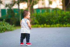 Toddler boy is standing in the park, a 1 year old child is learning to walk. Empty space for entering text. photo