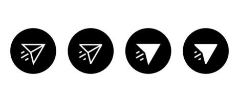 Share icon set in paper plane style on black circle. Repost social media symbol vector