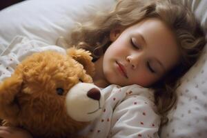 AI generated Sweet little girl peacefully sleeping with her teddy bear, embodying the serenity of Sleep Day photo