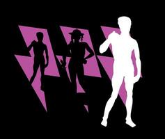 T-shirt design of three violet thunderbolt symbols with silhouettes of naked men.Statues of David made by Michelangelo and David by Raphael. vector