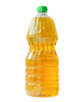 Yellow cooking vegetable oil in medium plastic bottle isolated with clipping path and shadow in png file format