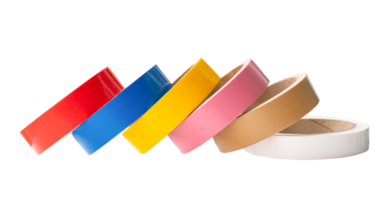 Roll set of multicolor adhesive vinyl or cloth tape isolated with clipping path in png file format
