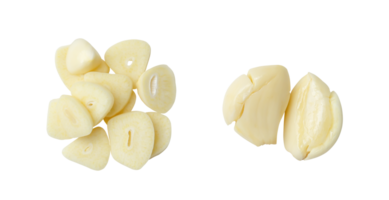 Top view set of pounded peeled garlic cloves and slices isolated with clipping path in png file format