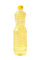 Light yellow cooking or vegetable oil in small plastic bottle isolated with clipping path in png file format