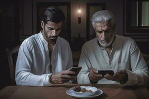 AI generated The scene shows two men sitting at a dining table, both deeply immersed in using their cellphones. It seems as if they are not paying attention to their surroundings or the meal on the table. photo